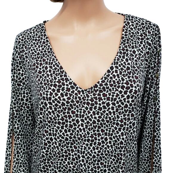 NWT MICHAEL KORS Arm Slit Animal Print Top Blouse Women L V-Neck Ruby Black - Picture 6 of 14